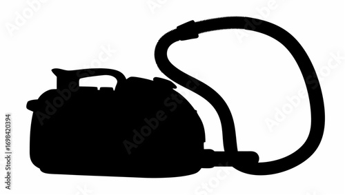 Silhouette depiction of a canister vacuum cleaner with hose attached in a stark black and white image