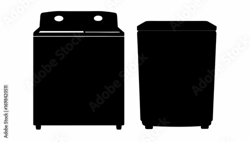 Two washing machines in black silhouette one with a top lid and the other with a front opening door design