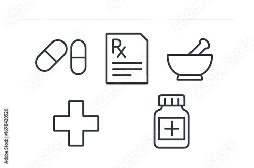 Medical icons set featuring pills, prescription, mortar, cross, and medicine bottle