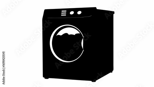 Illustration of a front loading washing machine with visible water and control panel in black and white silhouette