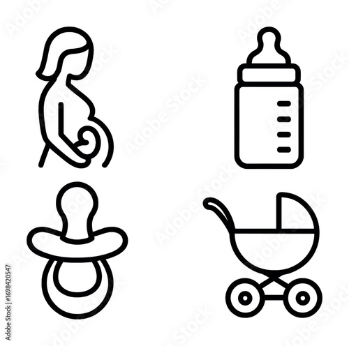Pregnancy and baby essentials: pregnant woman, baby bottle, pacifier, stroller icons