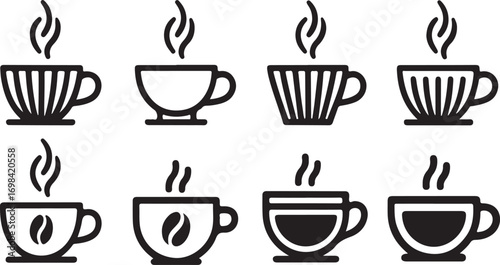Collection of Black Coffee Cup Silhouettes on Transparent Background for Cafe and Beverage Designs