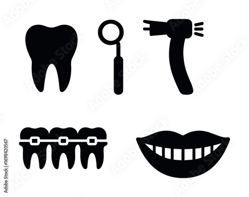 Dental symbols: tooth, mirror, toothbrush, braces, smiling mouth icon set
