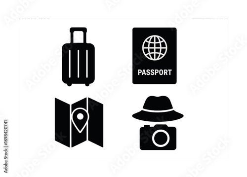 Travel icons: suitcase, passport, map, hat, camera – essential travel elements