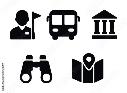 Tour guide symbols: icons of travel, bus, museum, binoculars, map pin