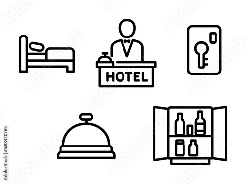 Hotel icons: reception, bell, room key, bed, minibar illustrations