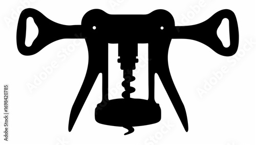 A black and white silhouette of a winged corkscrew bottle opener with a worm and handles on a white background