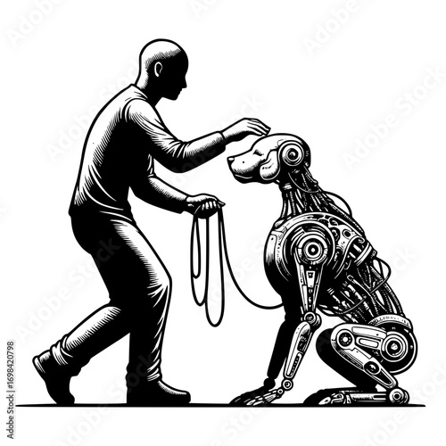 Human with its pet robot dog image illustration vector