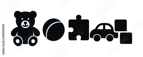Silhouette icons of teddy bear, ball, puzzle piece, car, and blocks for kids