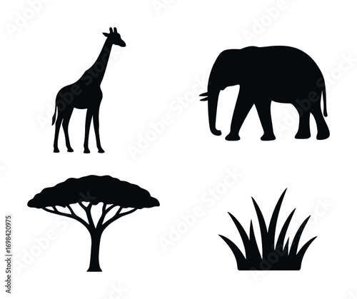 African safari silhouettes: giraffe, elephant, acacia tree, grass