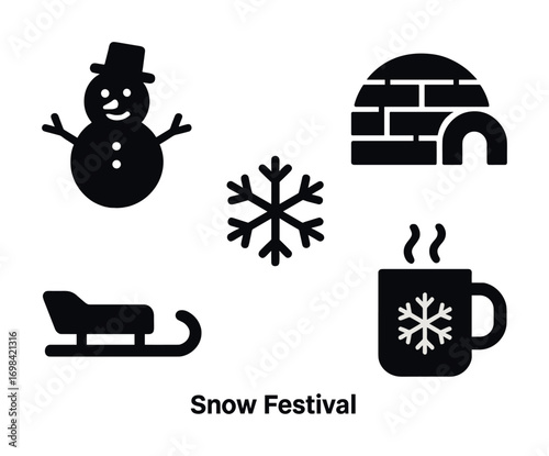 Winter fun icons: snowman, igloo, snowflake, sled, hot cocoa cup