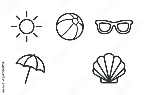 Minimalist beach icons: sun, ball, sunglasses, umbrella, shell in black and white