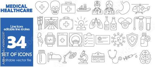 Medical healthcare Icon set with editable line strokes vector illustration. doctor, hospital, nurse, equipment, health, medicine, stethoscope