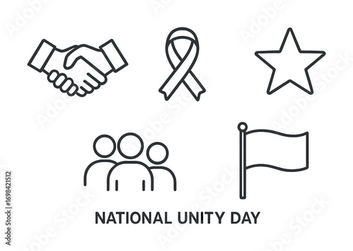National unity day symbols: handshake, awareness ribbon, star, group, flag