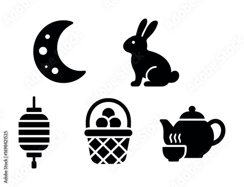 Mid-autumn festival symbols: moon, rabbit, lantern, basket, teapot icons