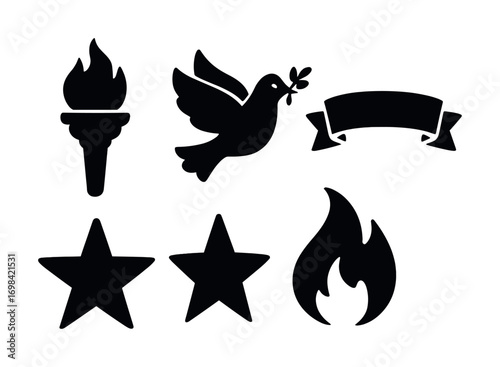 Silhouette icons featuring torch, dove, banner, stars, and flame