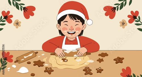 A happy child making gingerbread cookies at the kitchen table, for holiday marketing and children's cooking products