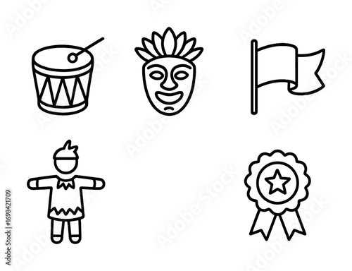 Carnival symbols: drum mask flag doll ribbon line art set
