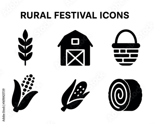 Rural festival icons set: barn, basket, corn, hay bale, wheat silhouette art