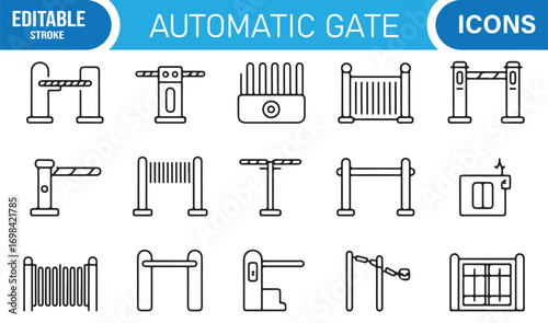 Industrial and automatic gate line icons including restricted entry, privacy, and control systems