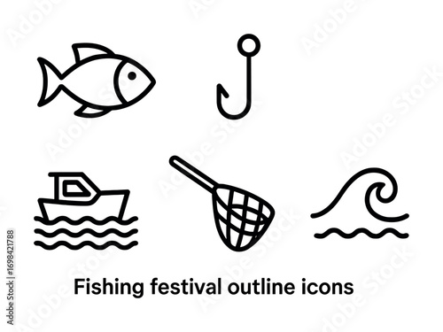 Outline icons of fishing festival: fish, hook, boat, net, wave symbols