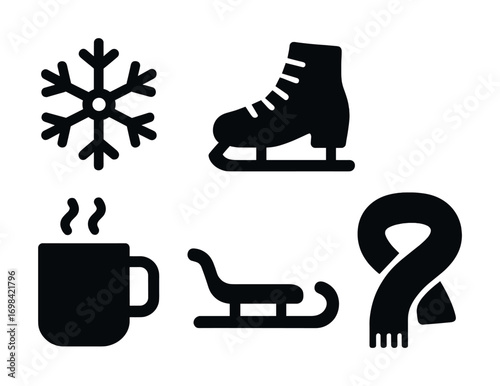 Winter symbols set: snowflake, ice skate, hot drink, sled, scarf icons