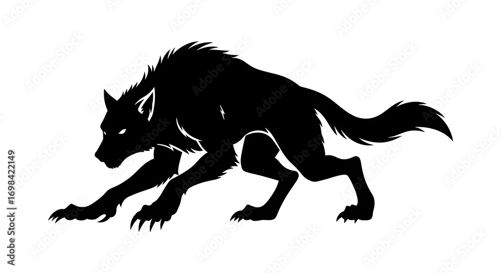 Fototapeta premium Black Wolf Silhouette — Dynamic Wolf Profile for Mythic Themes, Outdoor Branding and Wildlife Awareness Campaigns 
