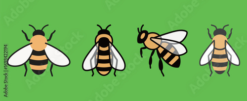 Flat vector illustration of cute cartoon bees in various poses, isolated on a green background.