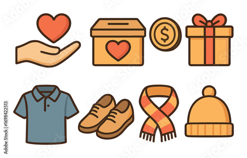 Icon set featuring british currency and food items: wallet, coins, and bread