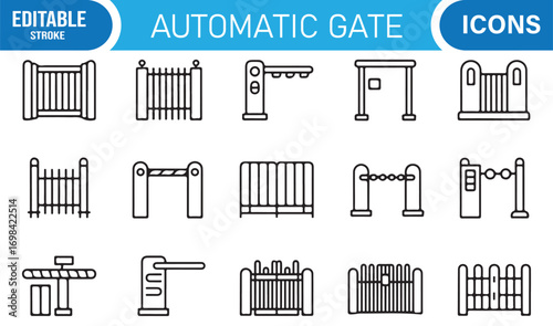 Entrance and automatic gate outline icons with doors, barriers, and restricted zone graphics