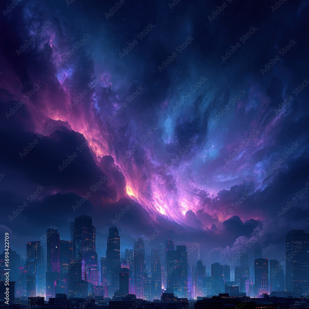Obraz premium Night City Skyline Under Vibrant Nebula Sky