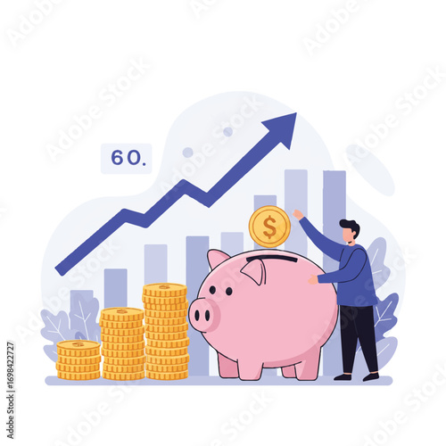 A vibrant 2D flat vector illustrates a person putting a coin into a large piggy bank, with a growing coin stack and an upward trend arrow, symbolizing financial prosperity.