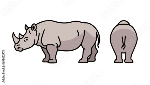 Flat vector illustration of a cute cartoon rhinoceros from the side and back, isolated on a white background.