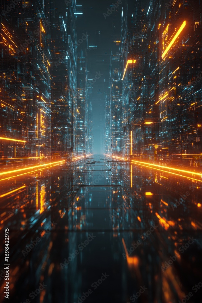 Naklejka premium Futuristic Neon Corridor Cityscape in Cyberpunk Style