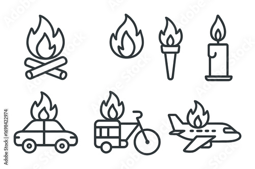 Barber tools and sports items icon set on dark background