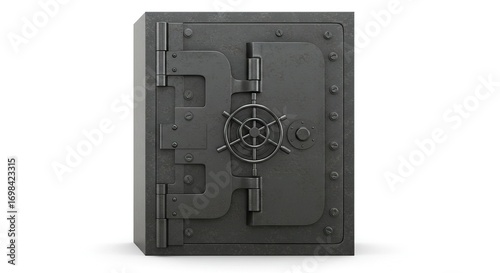 Iron safe with combination lock bolted door and hinges on white