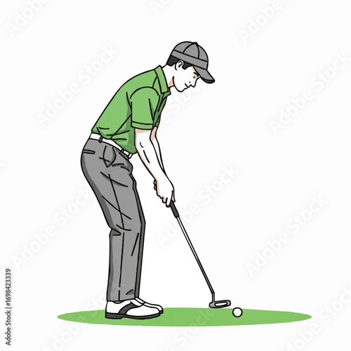 Minimalist Vector Illustration of a Male Golfer in Modern Style with Green Shirt and Gray Pants