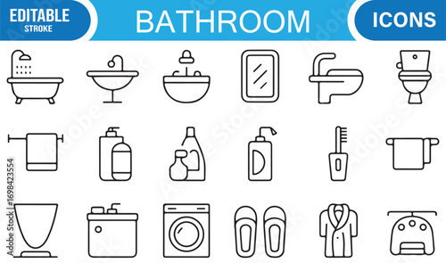 Bath and personal care line icons including slippers, robe, towels, and washing machine symbols