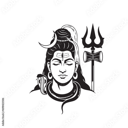 Minimalist Vector Illustration of Lord Shiva in Black and White with Trident and Snake