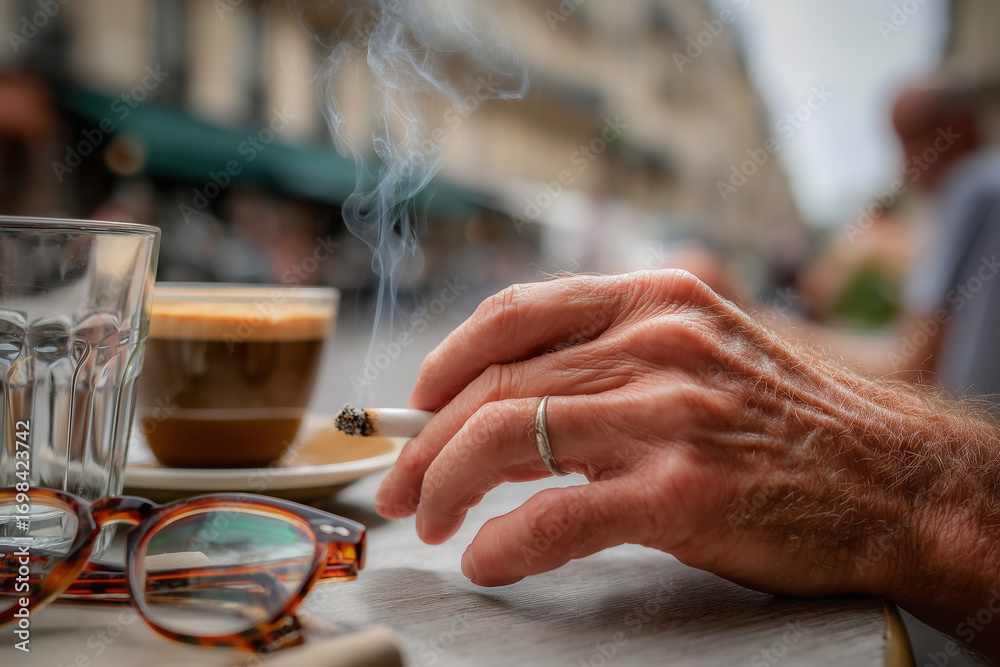 Obraz premium Hand holding cigarette with coffee cup and eyeglasses on outdoor cafe table