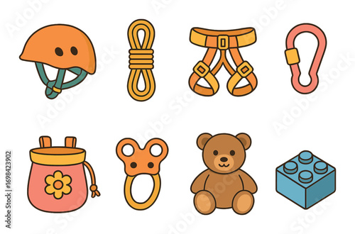 Children's climbing and playtime gear: helmet, rope, harness, carabiner, bag, teether, teddy, block