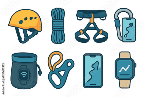 Essential climbing gear icons including helmet, rope, harness, and devices