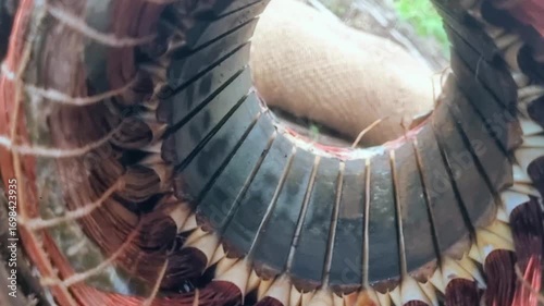 An electric motor's stator with damaged copper winding insulation (circled) signals a fault or need for rewinding/repair to restore function and prevent further damage. Farm scene.