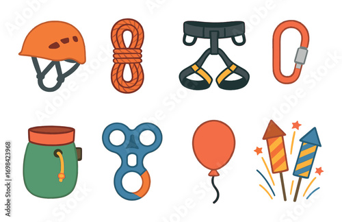 Climbing gear and party items: helmets, ropes, balloons, and fireworks