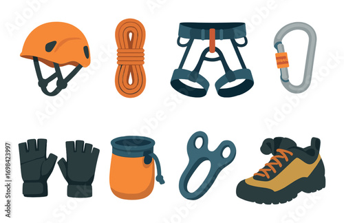 Rock climbing gear set with helmet, harness, rope, carabiner, gloves, chalk bag, belay device, and shoes