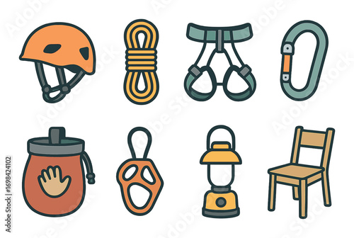Climbing gear icons: helmet, rope, harness, carabiner, bag, ascender, lantern, chair