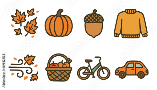 Autumn symbols: leaves, pumpkin, acorn, sweater, harvest basket, bicycle, car