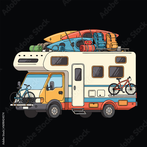 Colorful cartoon illustration of a campervan fully loaded with gear for adventure travel