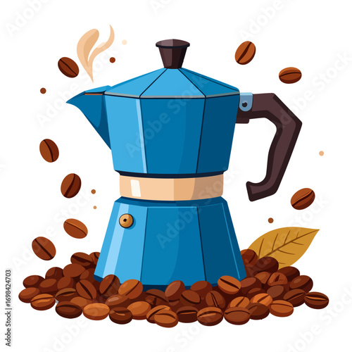 A vibrant illustration showcasing a blue stovetop espresso maker surrounded by coffee beans.