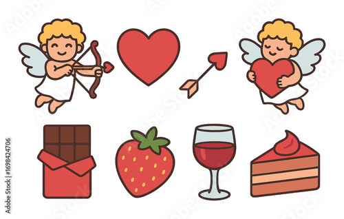 Valentine's day icons: cupid, heart, arrow, chocolate, strawberry, wine, cake